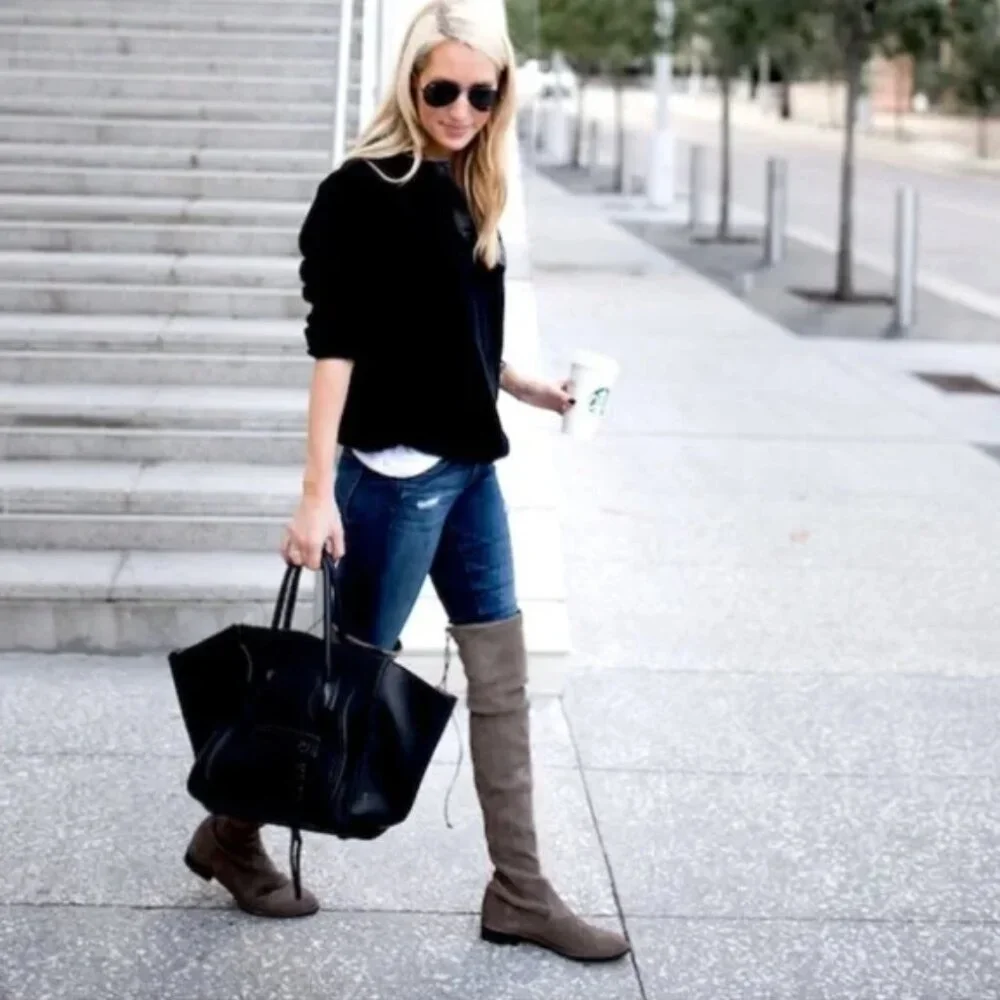 Stuart Weitzman Lowland OTK Boots Gray Suede 7 Minimalist Feminine Quiet Luxury - Picture 7 of 10